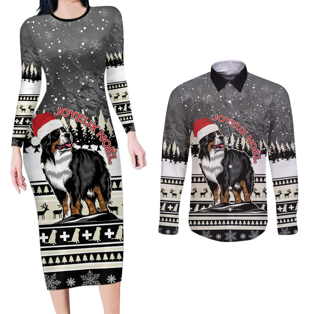 Switzerland Christmas Bernese Mountain Dog Couples Matching Long Sleeve Bodycon Dress and Long Sleeve Button Shirt Joyeux Noel - Wonder Print Shop