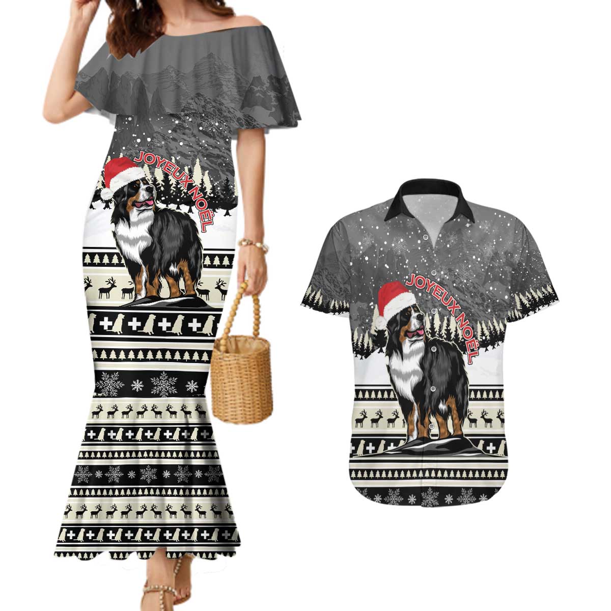 Switzerland Christmas Bernese Mountain Dog Couples Matching Mermaid Dress and Hawaiian Shirt Joyeux Noel - Wonder Print Shop