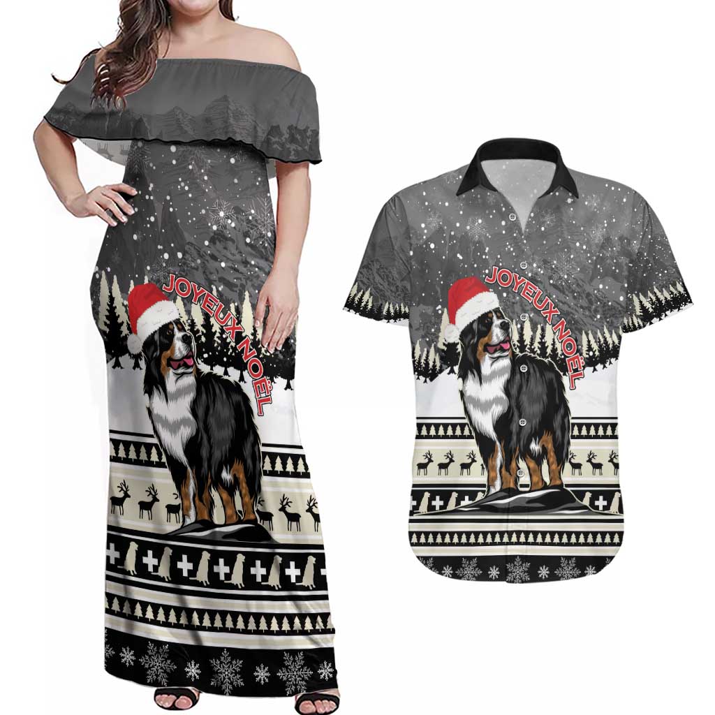 Switzerland Christmas Bernese Mountain Dog Couples Matching Off Shoulder Maxi Dress and Hawaiian Shirt Joyeux Noel - Wonder Print Shop