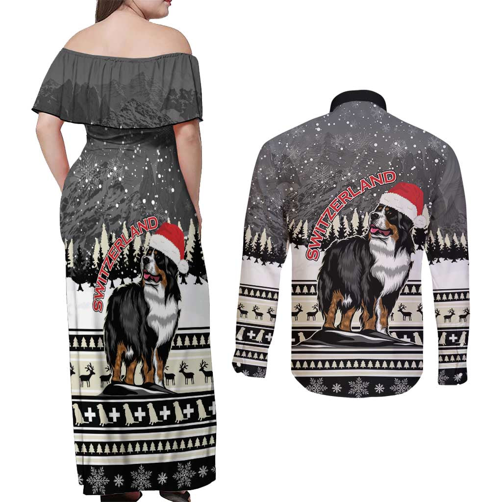 Switzerland Christmas Bernese Mountain Dog Couples Matching Off Shoulder Maxi Dress and Long Sleeve Button Shirt Joyeux Noel - Wonder Print Shop