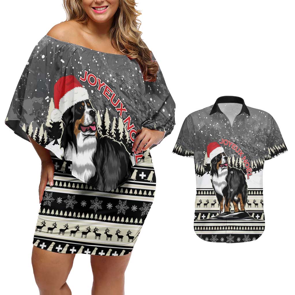 Switzerland Christmas Bernese Mountain Dog Couples Matching Off Shoulder Short Dress and Hawaiian Shirt Joyeux Noel - Wonder Print Shop