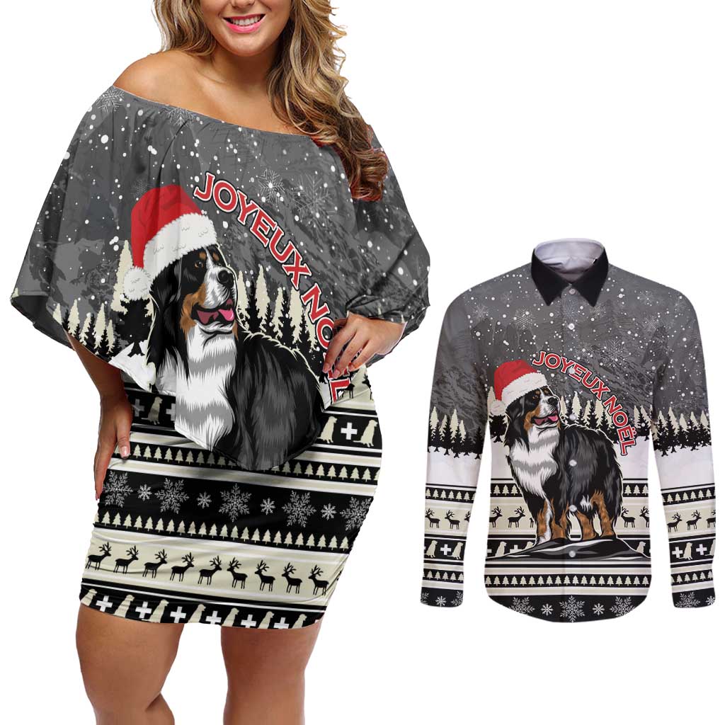 Switzerland Christmas Bernese Mountain Dog Couples Matching Off Shoulder Short Dress and Long Sleeve Button Shirt Joyeux Noel - Wonder Print Shop