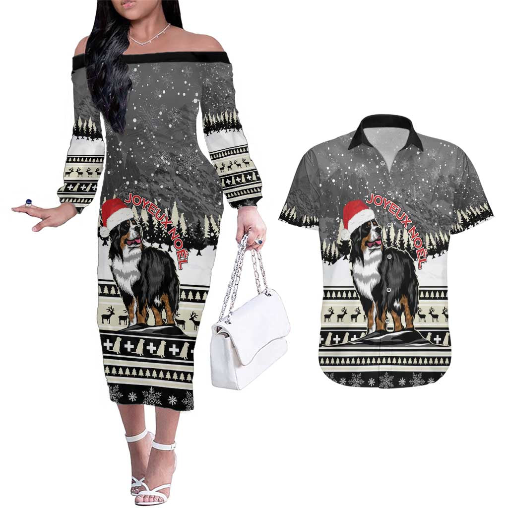 Switzerland Christmas Bernese Mountain Dog Couples Matching Off The Shoulder Long Sleeve Dress and Hawaiian Shirt Joyeux Noel - Wonder Print Shop