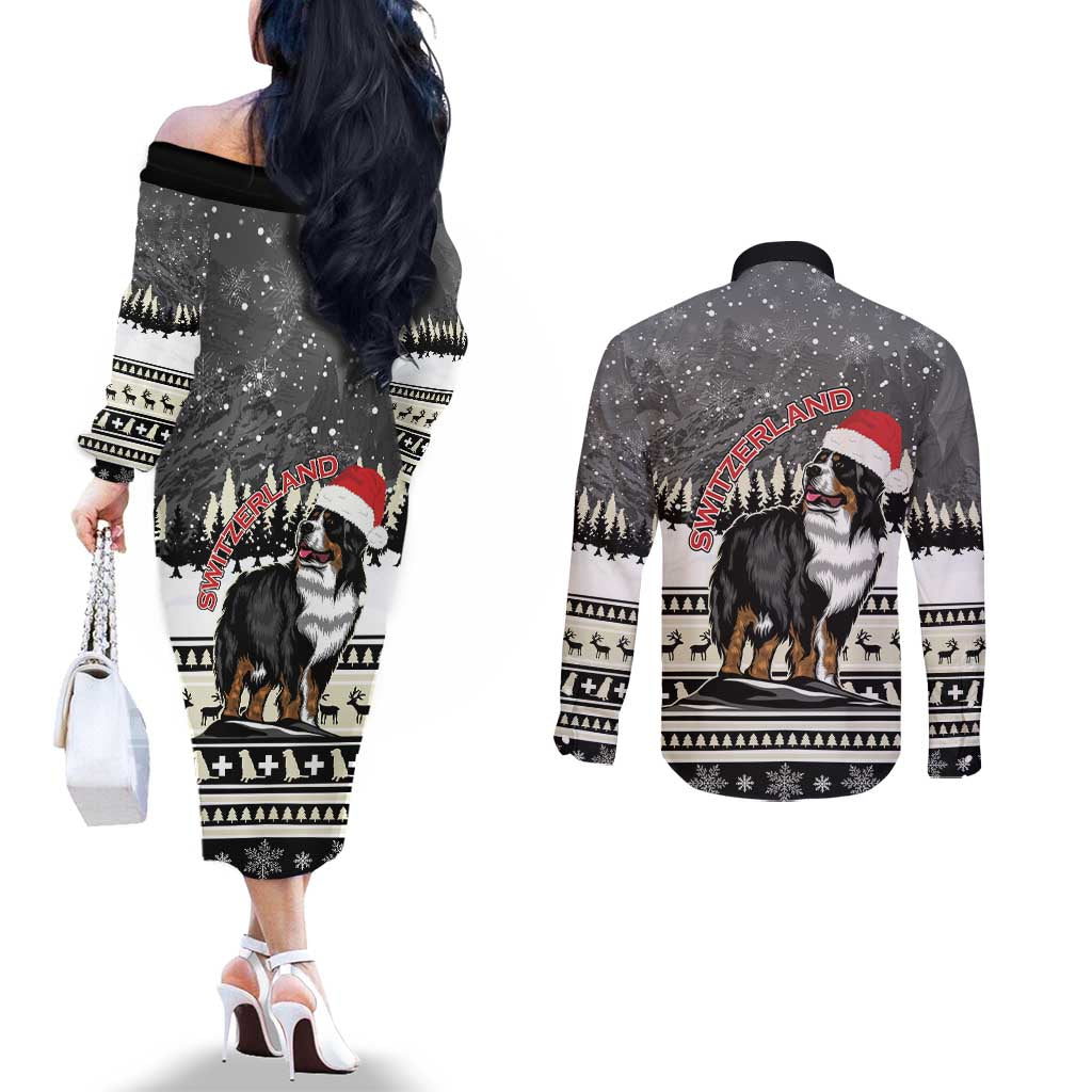 Switzerland Christmas Bernese Mountain Dog Couples Matching Off The Shoulder Long Sleeve Dress and Long Sleeve Button Shirt Joyeux Noel