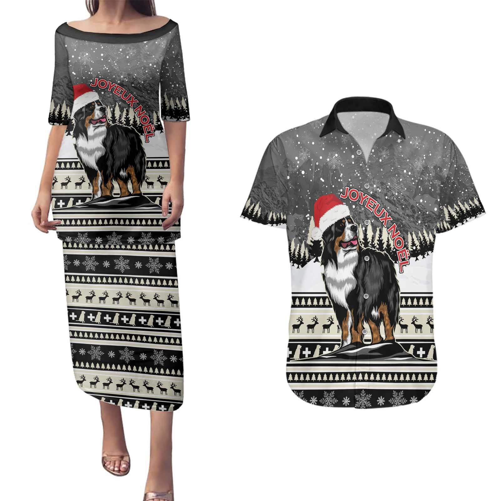 Switzerland Christmas Bernese Mountain Dog Couples Matching Puletasi and Hawaiian Shirt Joyeux Noel - Wonder Print Shop