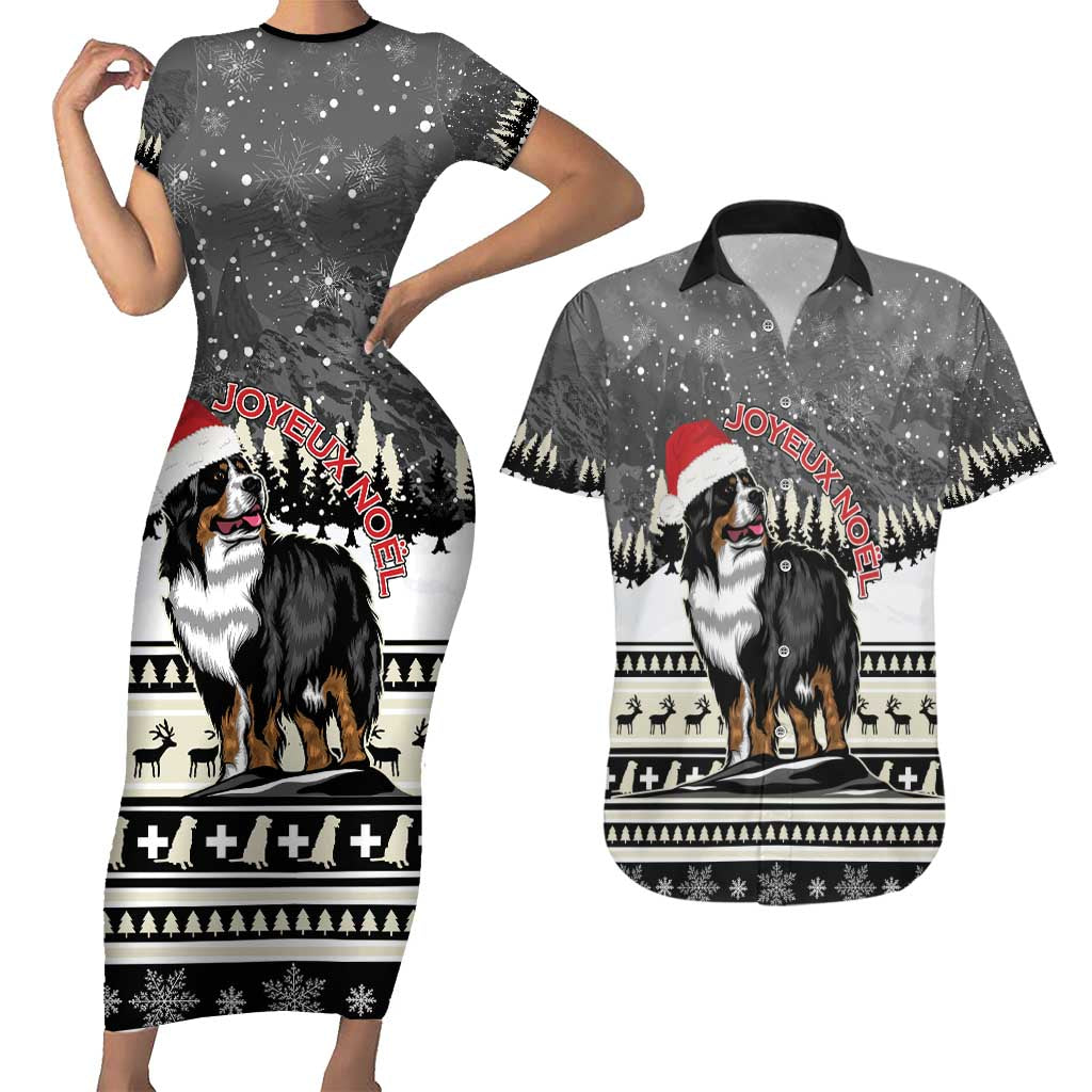 Switzerland Christmas Bernese Mountain Dog Couples Matching Short Sleeve Bodycon Dress and Hawaiian Shirt Joyeux Noel - Wonder Print Shop