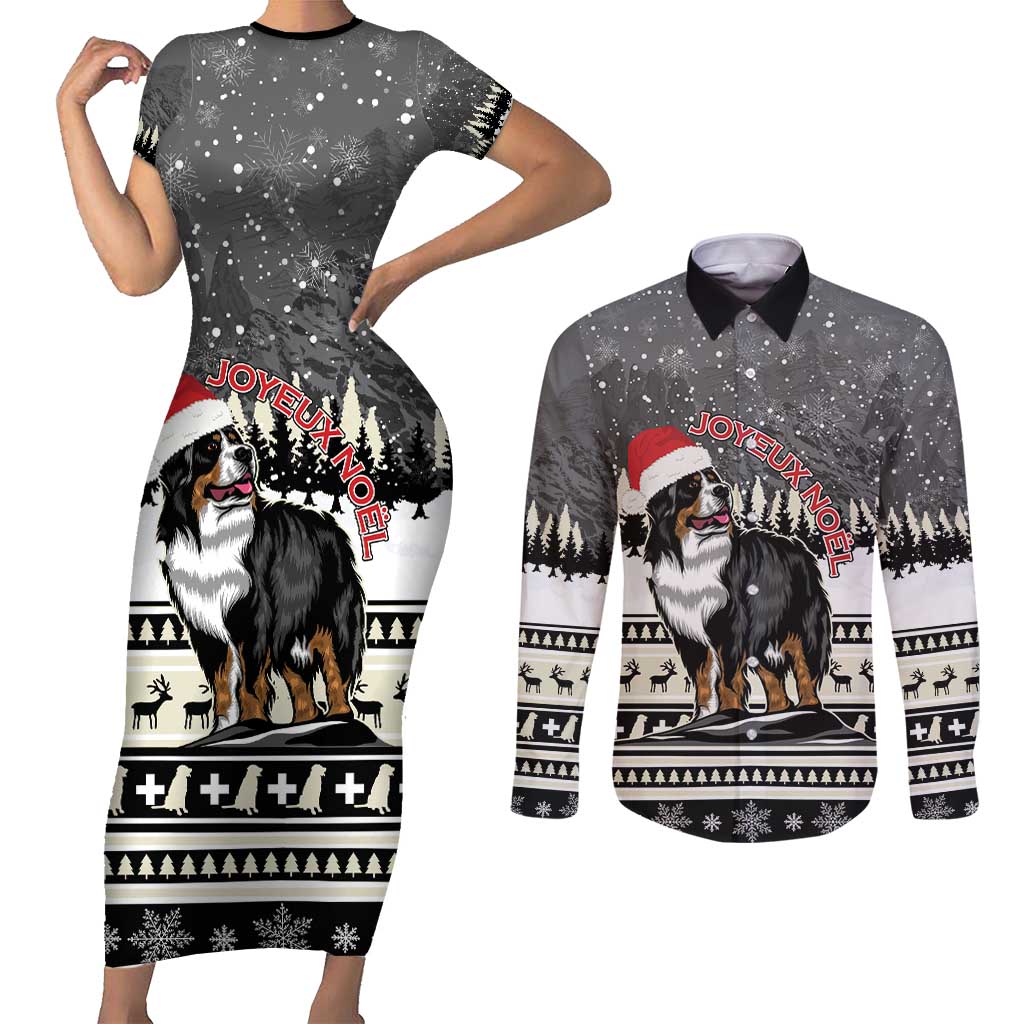 Switzerland Christmas Bernese Mountain Dog Couples Matching Short Sleeve Bodycon Dress and Long Sleeve Button Shirt Joyeux Noel - Wonder Print Shop