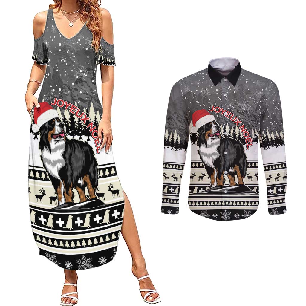 Switzerland Christmas Bernese Mountain Dog Couples Matching Summer Maxi Dress and Long Sleeve Button Shirt Joyeux Noel - Wonder Print Shop