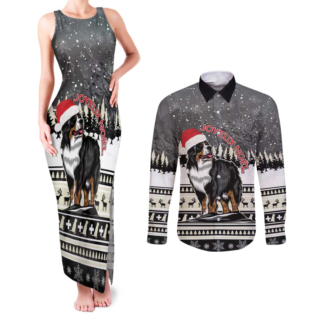 Switzerland Christmas Bernese Mountain Dog Couples Matching Tank Maxi Dress and Long Sleeve Button Shirt Joyeux Noel - Wonder Print Shop