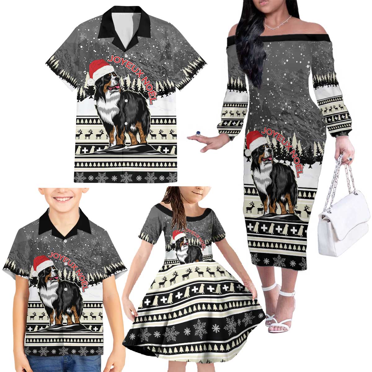 Switzerland Christmas Bernese Mountain Dog Family Matching Off The Shoulder Long Sleeve Dress and Hawaiian Shirt Joyeux Noel - Wonder Print Shop