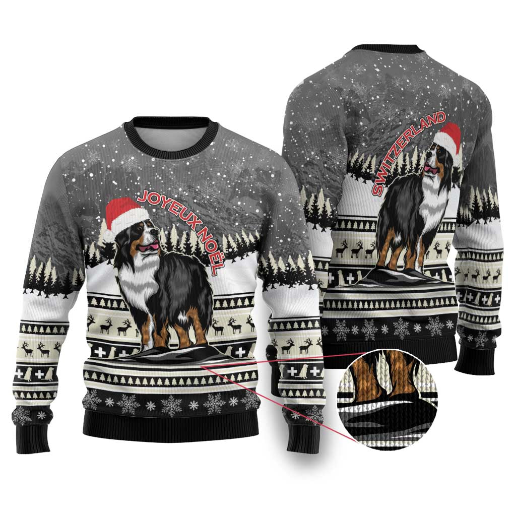 Bernese mountain dog ugly Christmas sweater with Santa hat and Joyeux Noel print