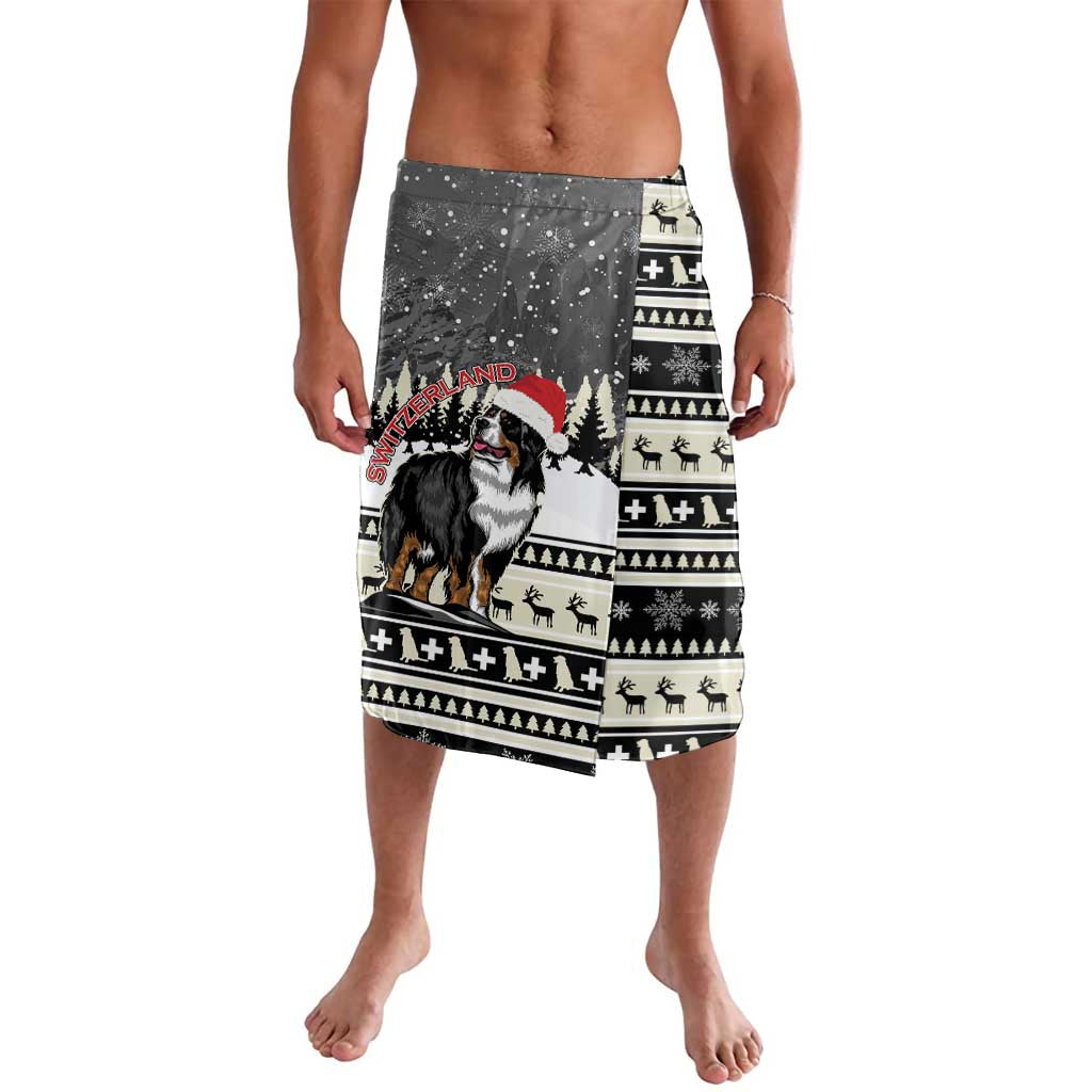Beige, black, and white holiday dog print board shorts with straight hem