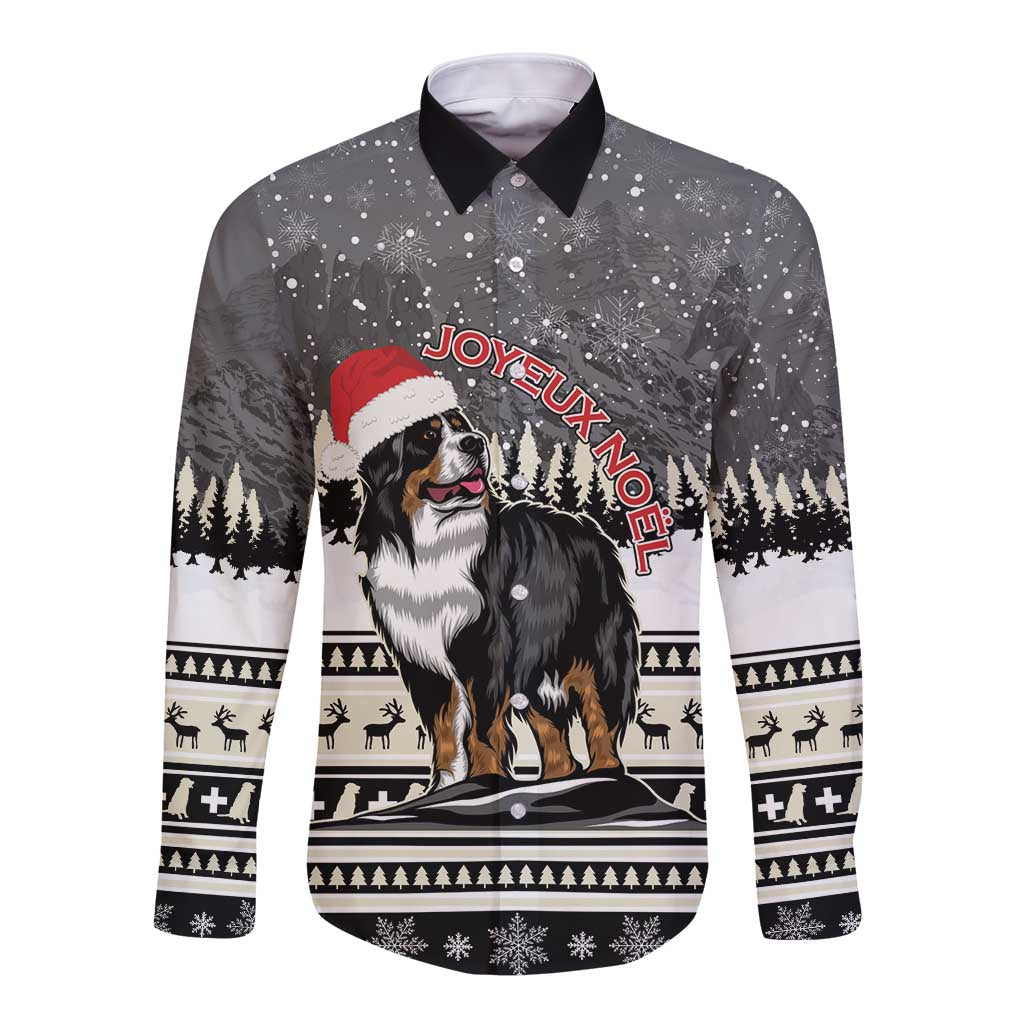 Long-sleeve button shirt with Bernese mountain dog holiday front graphic, snow trees