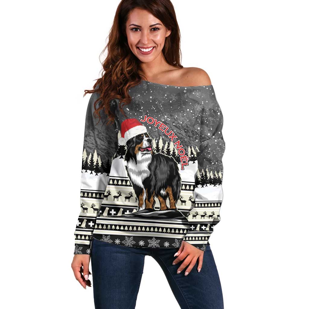 Switzerland Christmas Bernese Mountain Dog Off Shoulder Sweater Joyeux Noel - Wonder Print Shop