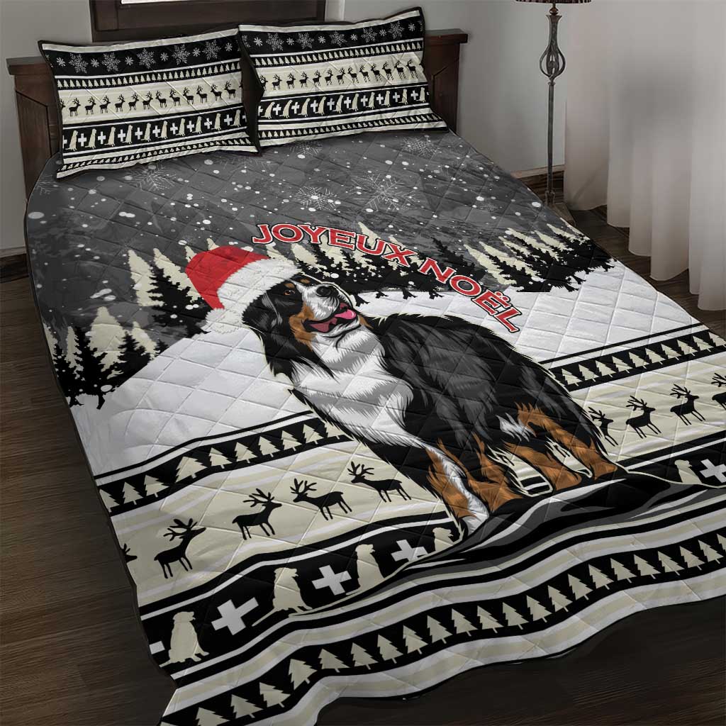 Quilt bed set with Bernese mountain dog print, forest trees, and Joyeux Noel text