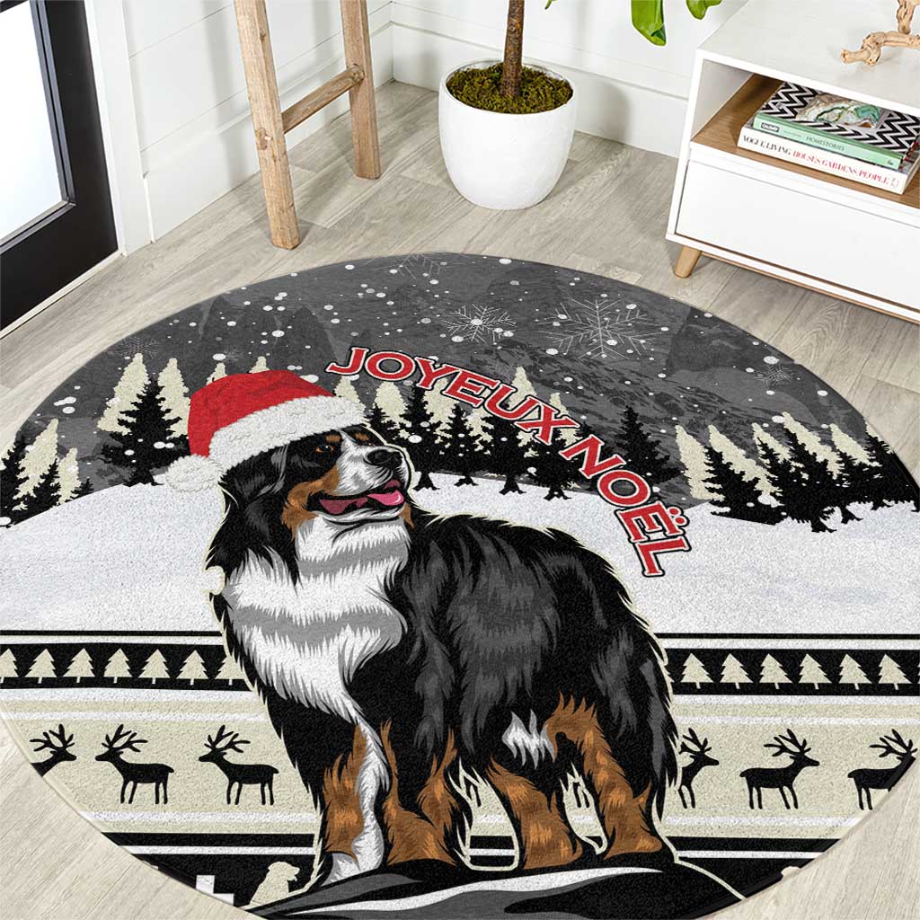 Round Christmas rug with Bernese mountain dog graphic, reindeer pattern, dark gray