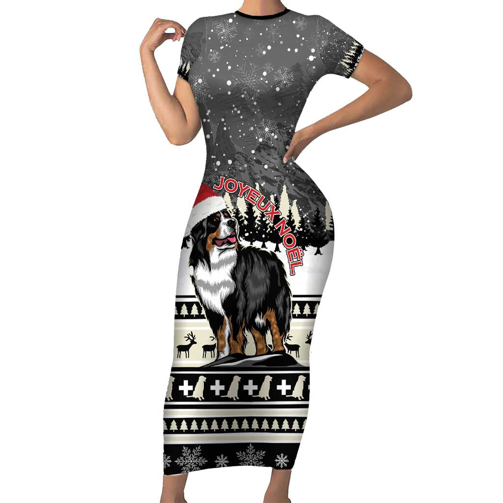 Switzerland Christmas Bernese Mountain Dog Short Sleeve Bodycon Dress Joyeux Noel