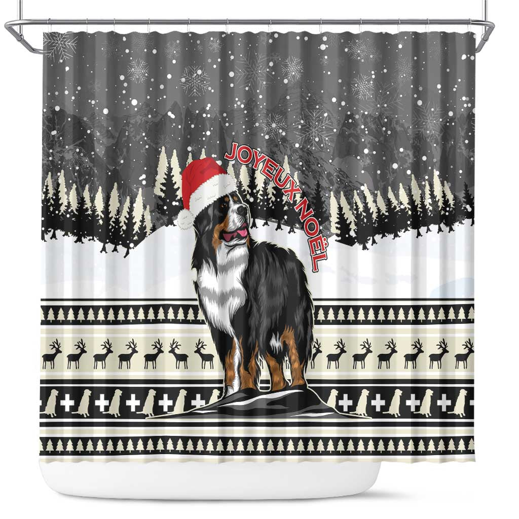 Bernese mountain dog Christmas shower curtain, winter forest and “Joyeux Noel” lettering