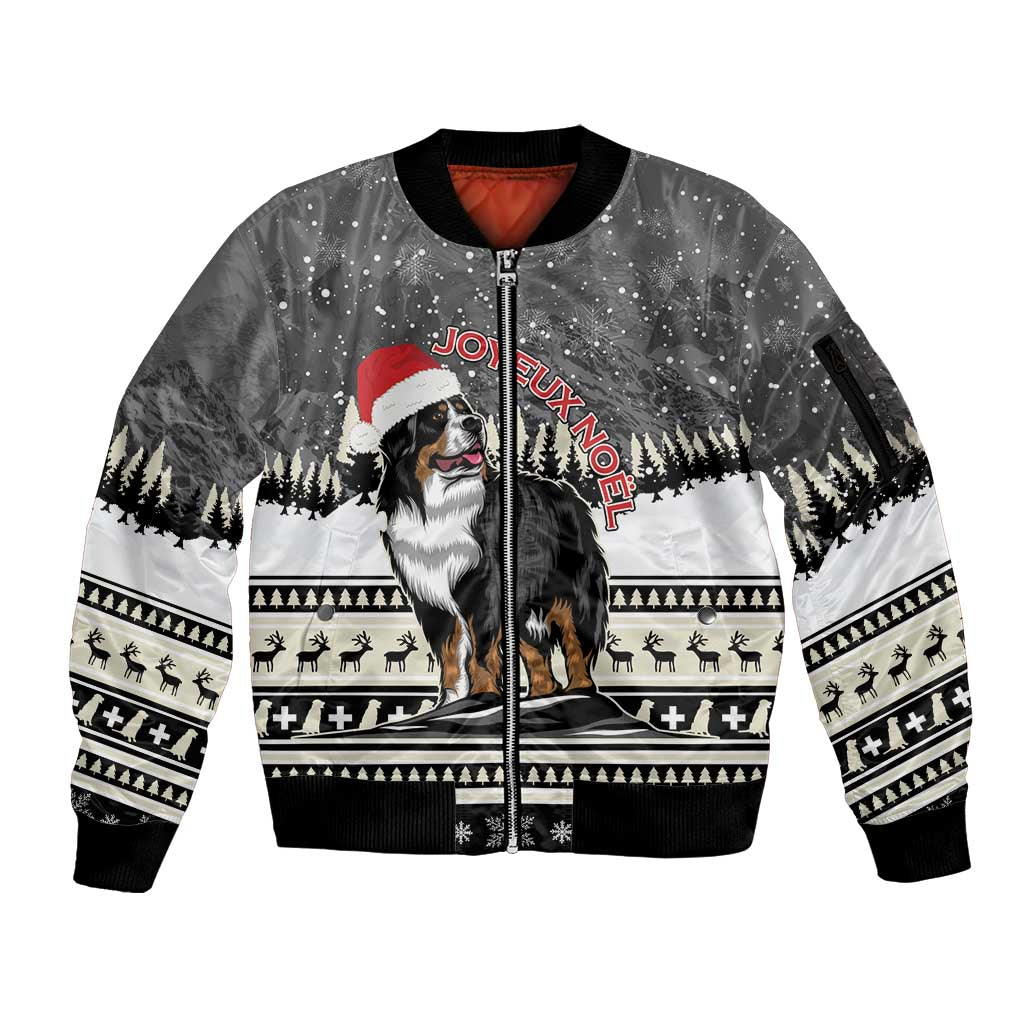 Unisex zip-front bomber jacket with Bernese Mountain Dog holiday graphic, ribbed trim