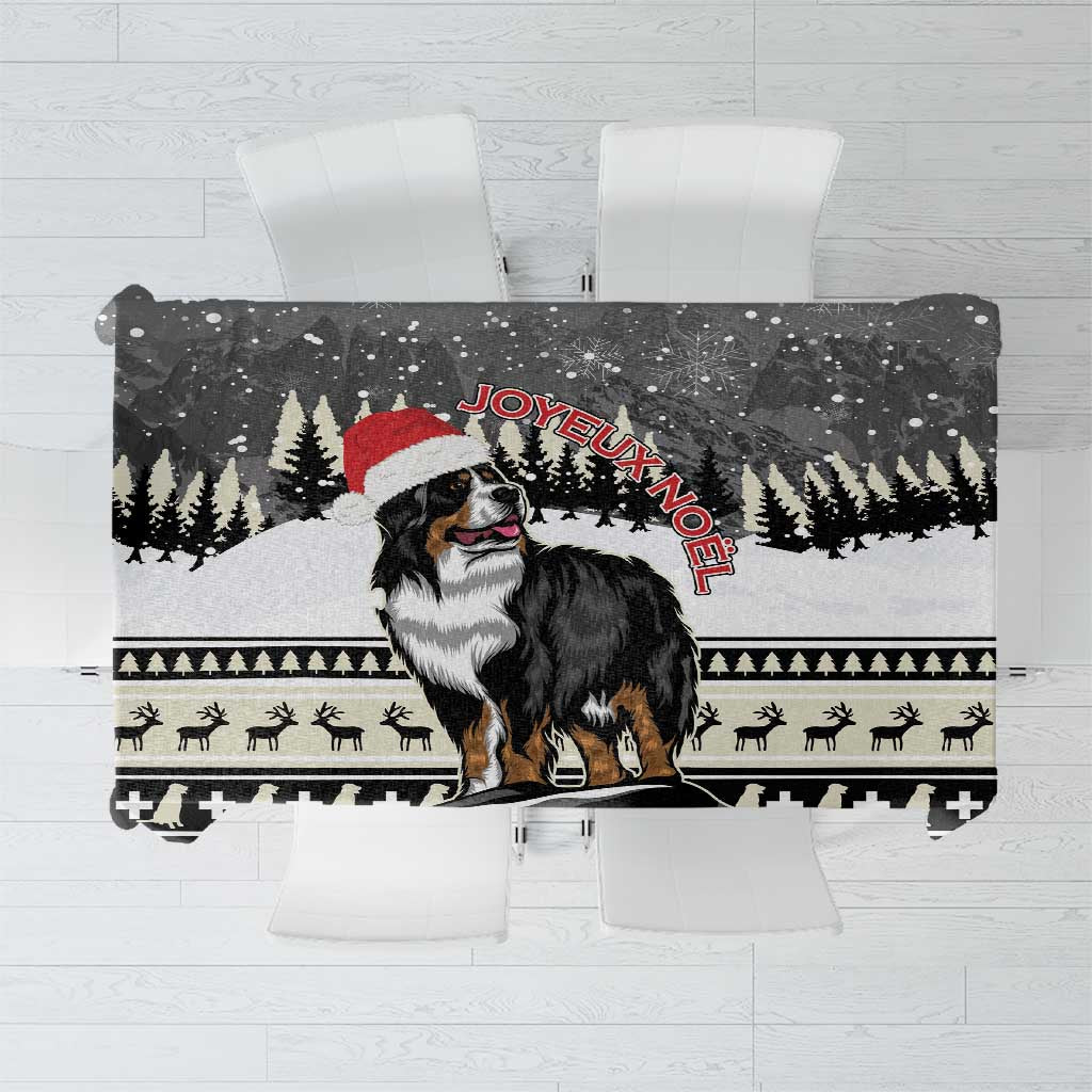 Christmas Bernese Mountain Dog tablecloth with red “Joyeux Noel” and snowy pine scene