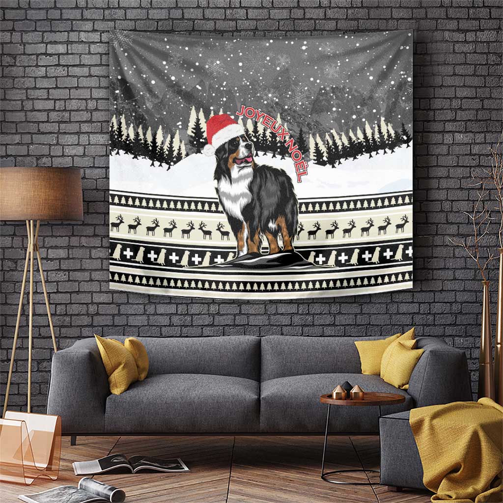 Christmas tapestry with Bernese mountain dog in a Santa hat, snowy forest scene