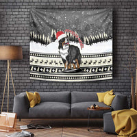 Christmas tapestry with Bernese mountain dog in a Santa hat, snowy forest scene
