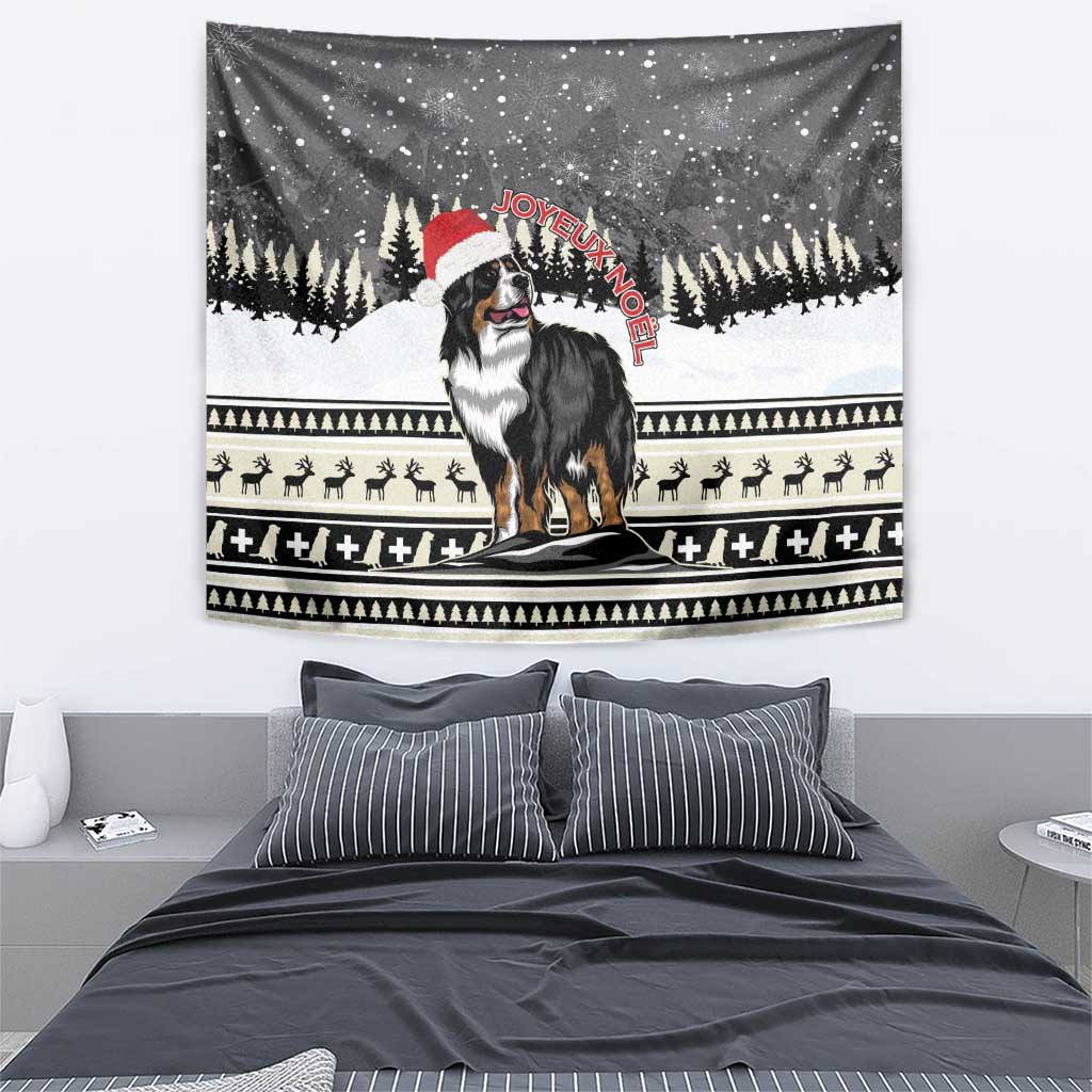 Christmas tapestry featuring Bernese mountain dog in Santa hat with patterned winter border