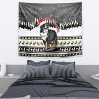 Christmas tapestry featuring Bernese mountain dog in Santa hat with patterned winter border