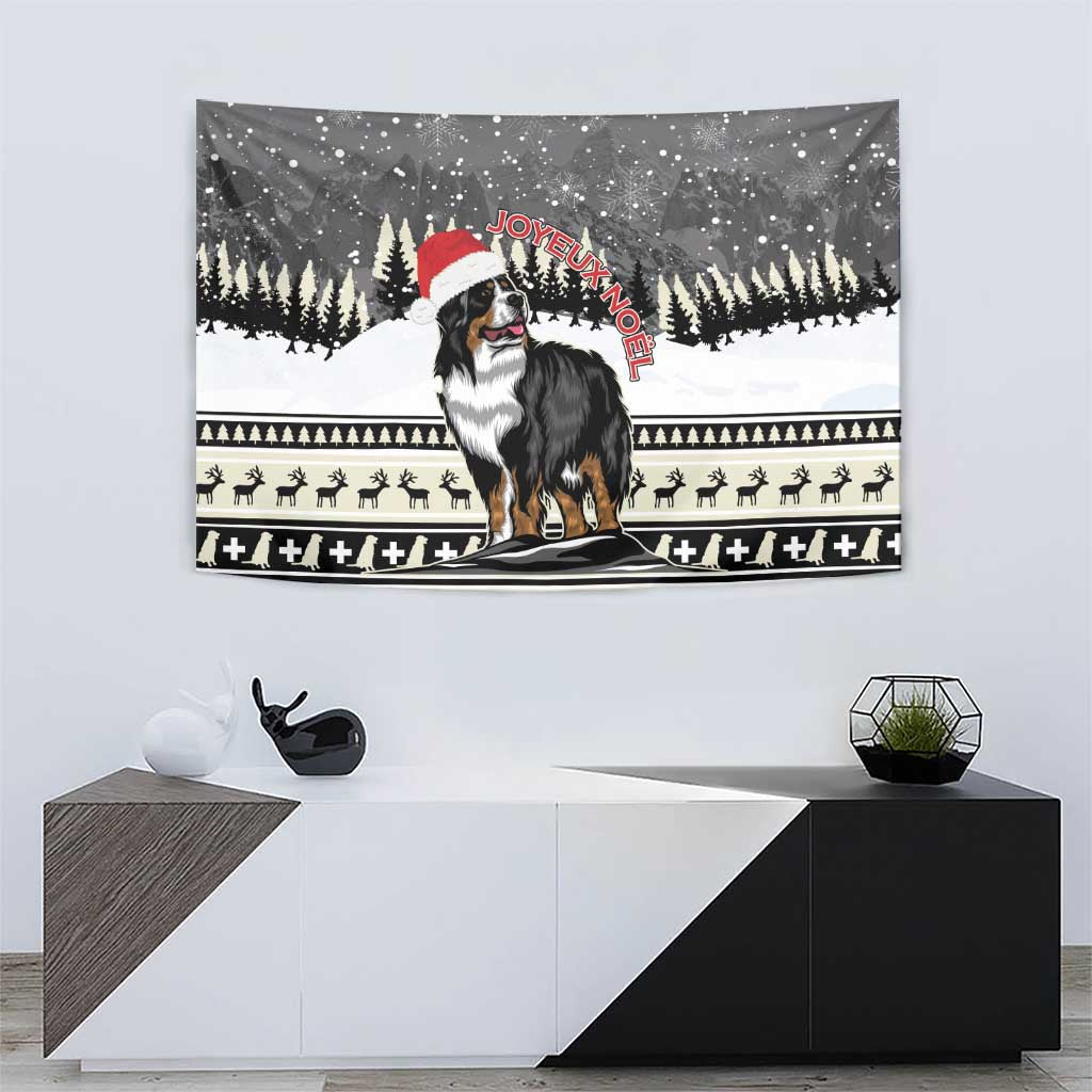 Christmas tapestry with Bernese mountain dog in Santa hat, snowy landscape with holiday icons