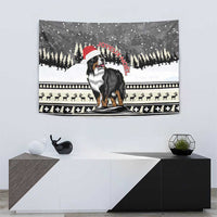 Christmas tapestry with Bernese mountain dog in Santa hat, snowy landscape with holiday icons