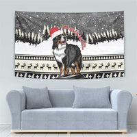 Christmas tapestry showing Bernese mountain dog in Santa hat, holiday forest and reindeer stripe