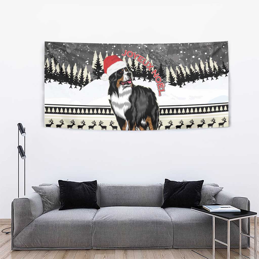 Christmas tapestry with Bernese mountain dog in Santa hat, wide winter scene displayed on wall