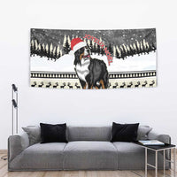 Christmas tapestry with Bernese mountain dog in Santa hat, wide winter scene displayed on wall