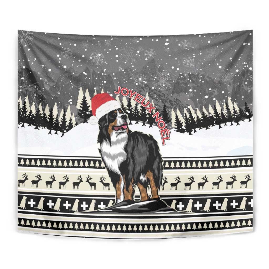Christmas tapestry close-up of Bernese mountain dog in Santa hat with "JOYEUX NOEL" text