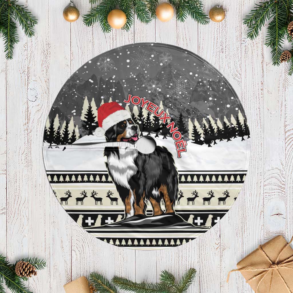 Dark gray circular Christmas tree skirt with Bernese mountain dog and Joyeux Noel lettering