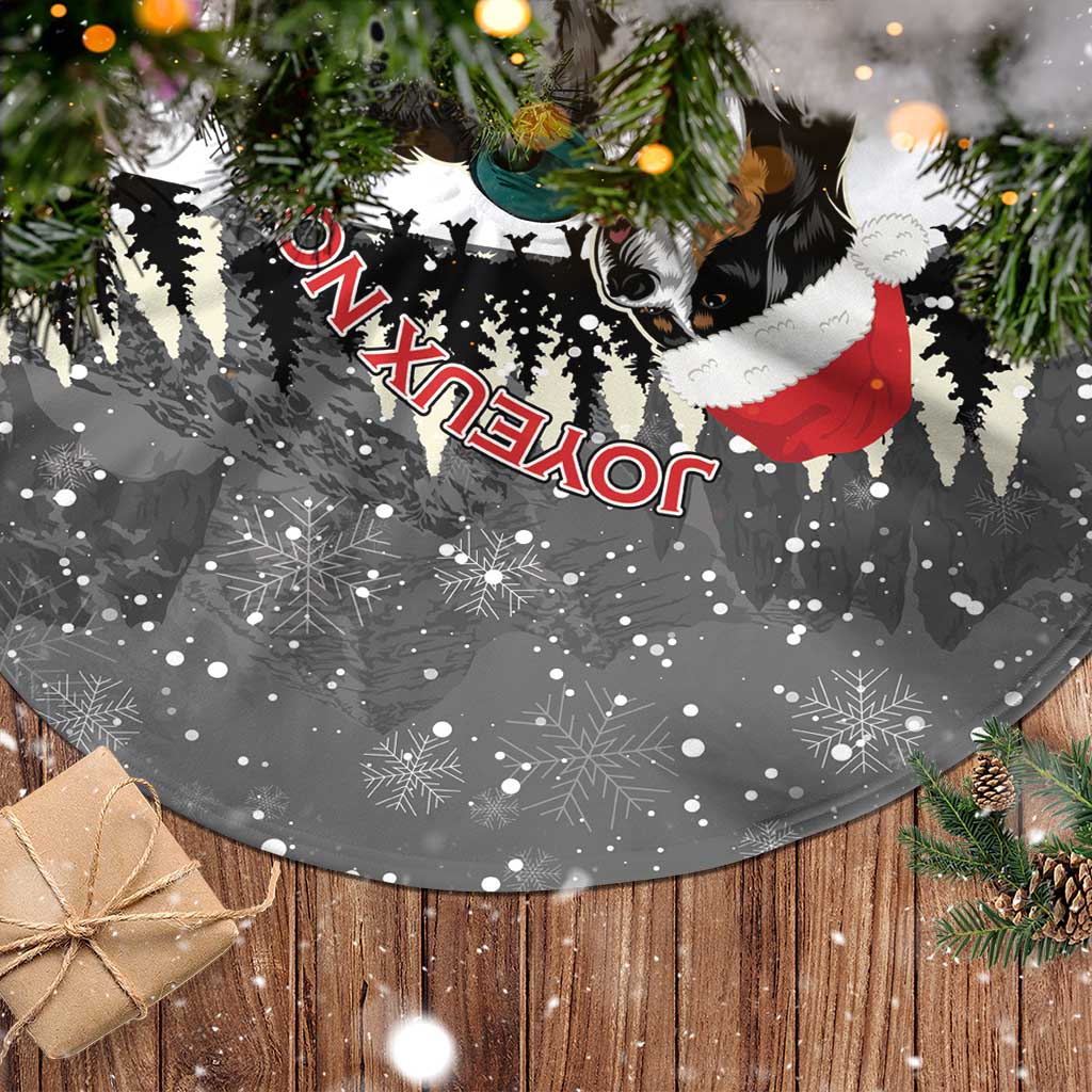Dark gray Christmas tree skirt with Bernese mountain dog, snowflakes, and reindeer