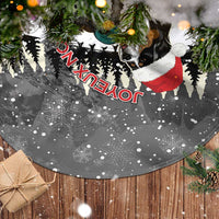 Dark gray Christmas tree skirt with Bernese mountain dog, snowflakes, and reindeer