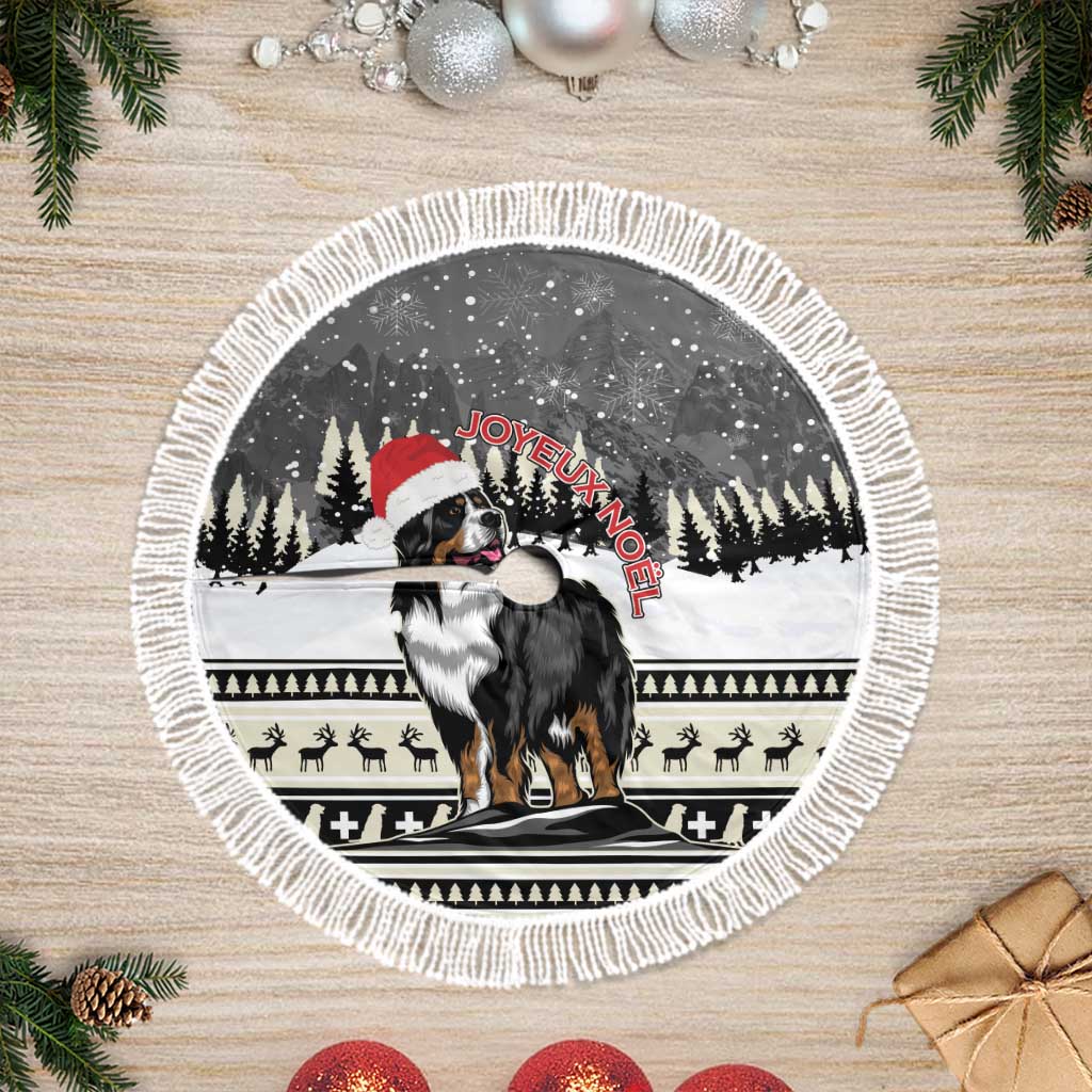 Dark gray circular Christmas tree skirt with white fringe, Bernese mountain dog center