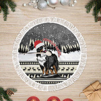 Dark gray circular Christmas tree skirt with white fringe, Bernese mountain dog center