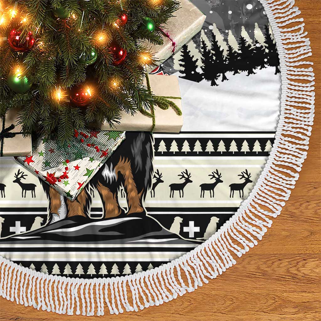 Dark gray circular Christmas tree skirt with white fringe and Bernese mountain dog illustration