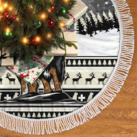 Dark gray circular Christmas tree skirt with white fringe and Bernese mountain dog illustration