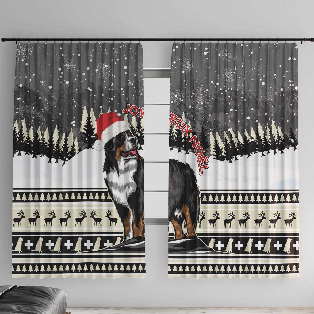 Christmas window curtain pair with Bernese mountain dog, snowy trees, dark gray design
