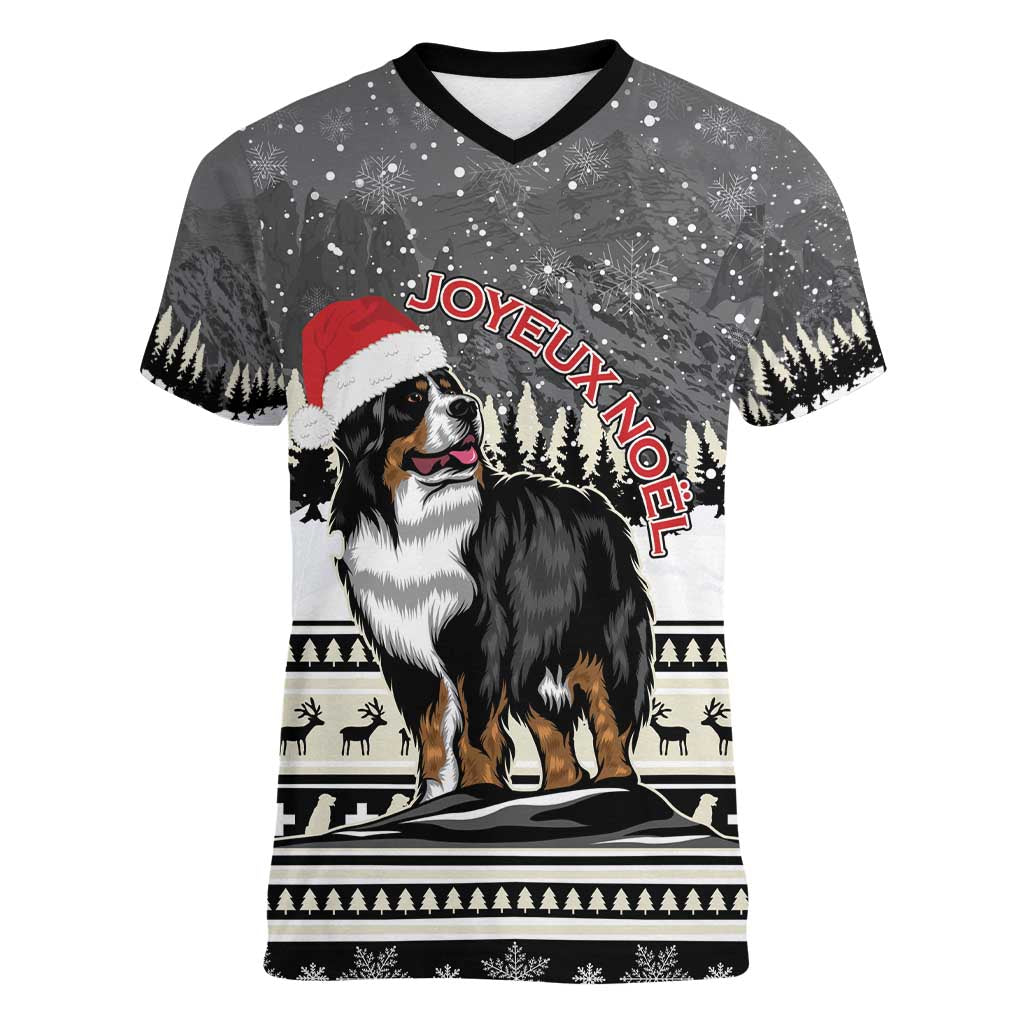 Switzerland Christmas Bernese Mountain Dog Women V-Neck T-Shirt Joyeux Noel