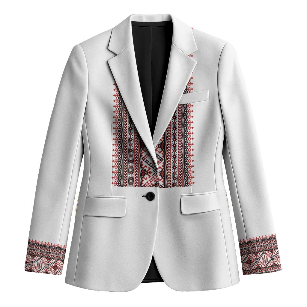 Personalized Ukrainian Trident Blazer White Tryzub Vyshyvanka Pattern - Wonder Print Shop
