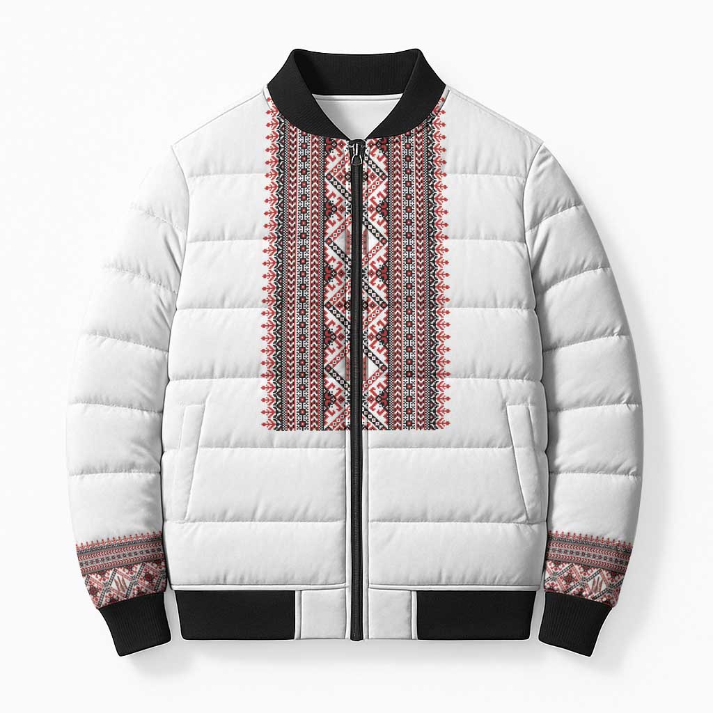 Personalized Ukrainian Trident Bomber Puffer Jacket White Tryzub Vyshyvanka Pattern - Wonder Print Shop