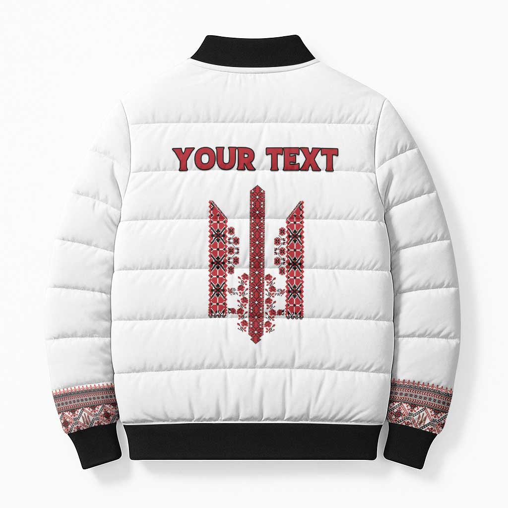 Personalized Ukrainian Trident Bomber Puffer Jacket White Tryzub Vyshyvanka Pattern - Wonder Print Shop
