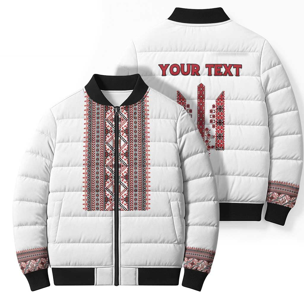 Personalized Ukrainian Trident Bomber Puffer Jacket White Tryzub Vyshyvanka Pattern - Wonder Print Shop