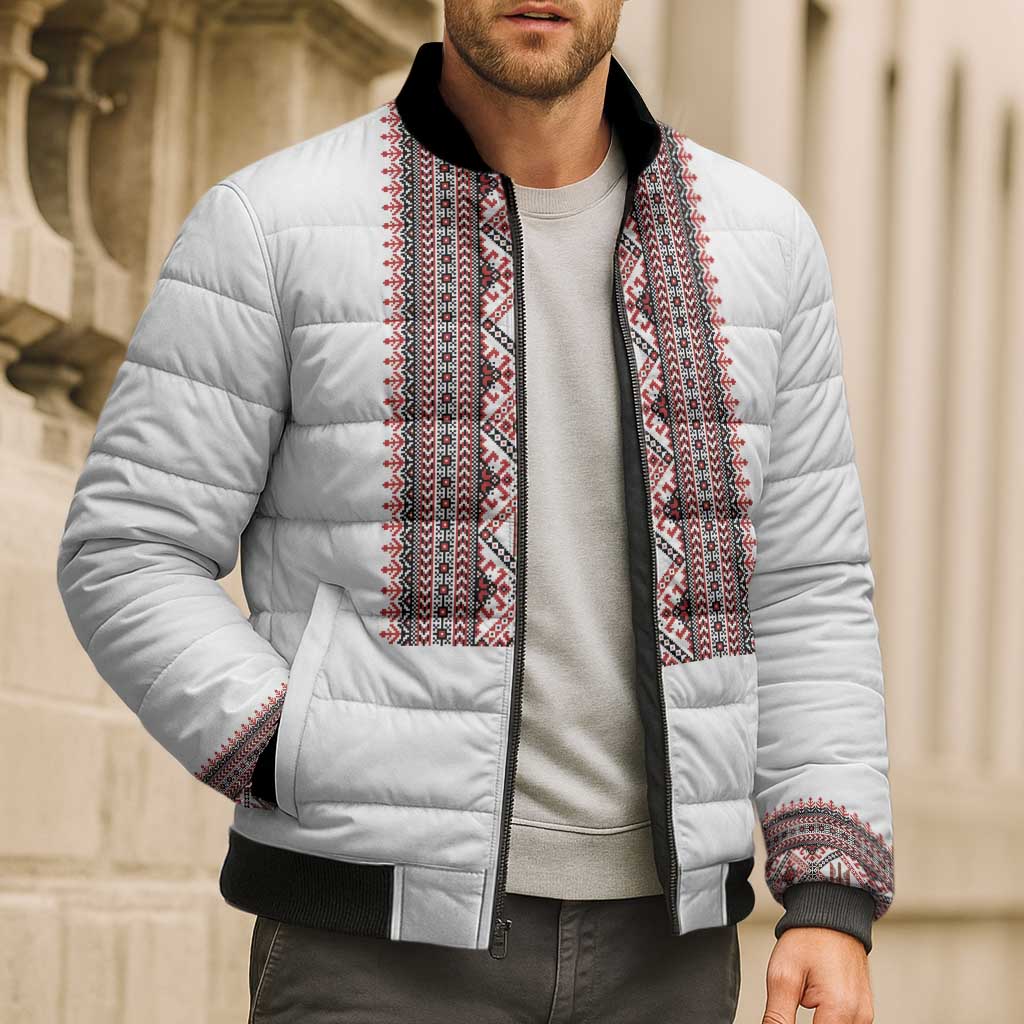 Personalized Ukrainian Trident Bomber Puffer Jacket White Tryzub Vyshyvanka Pattern - Wonder Print Shop