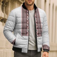 Personalized Ukrainian Trident Bomber Puffer Jacket White Tryzub Vyshyvanka Pattern - Wonder Print Shop