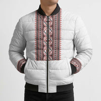 Personalized Ukrainian Trident Bomber Puffer Jacket White Tryzub Vyshyvanka Pattern - Wonder Print Shop